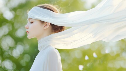 Poster - Delicate Chiffon Scarf Fluttering in the Breeze with a Young Woman's Serene Profile Surrounded by Nature