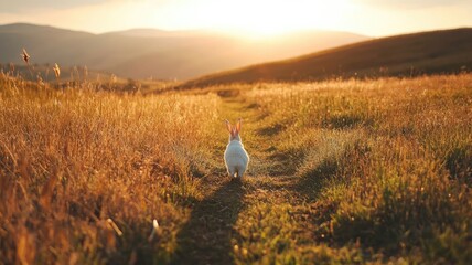 Wall Mural - white rabbit in golden field at sunset