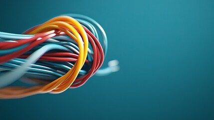 Poster - Colorful Tangle of Wires Creating a Chaotic Yet Interesting Visual with a Soft Blue Background