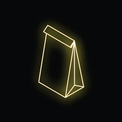 Poster - Neon yellow outline of a paper bag is glowing on black background