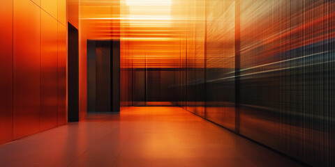 Poster - Motion blur creates a dynamic atmosphere in a corridor with orange tones and dark reflections at dusk in an urban building. Generative AI