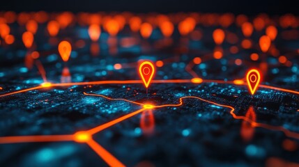 Poster - Network of glowing location markers illuminates a digital map of a city