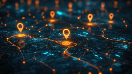 Poster - Digital map of a city at night glowing with orange location markers showing various points of interest