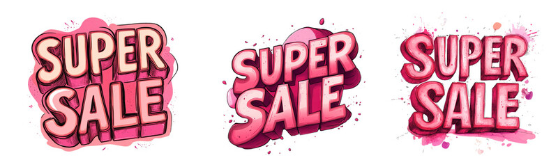 Poster - The image shows three variations of a stylized Super Sale advertisement with pink three-dimensional lettering and watercolor-style splatter effects.