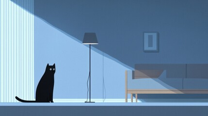 Poster - New Apartment with Minimalist Interior Design and Black Cat by Lamp in Soft Blue Light