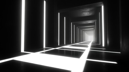 Poster - Long dark corridor illuminated by bright white lines of light receding into a distant glow
