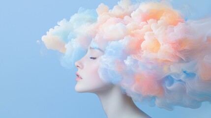 Poster - Ethereal Woman with Dreamy Colorful Clouds Evoking Inspired Feelings of Vivid Imagination and Creative Dreams