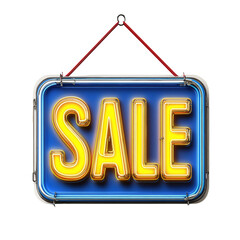 Aufkleber - A hanging neon sign with the word SALE in bright yellow letters on a blue background, advertising a retail sale.