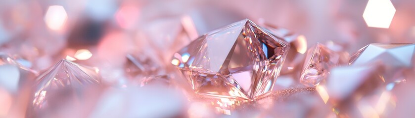 Poster - Faceted diamonds and elegant gold shapes reflect soft pink light, creating a stunning, shimmering effect on a smooth neutral gradient. Ample negative space allows for stylish text overlay