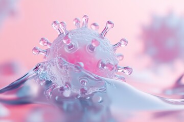 Poster - A 3D-rendered virus is suspended in a liquid-like setting, showcasing swirling particles and soft blue and pink glow, highlighted by refracted light effects in a subtle gradient background