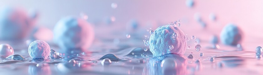 Poster - A 3D-rendered virus is suspended in a fluid setting, surrounded by swirling particles and illuminated by soft blue and pink tones against a gradient backdrop, offering space for branding