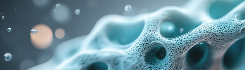 Poster - This background showcases softly glowing vein-like structures in shades of blue and teal, moving fluidly across a dark-to-light gradient, illuminated by subtle light particles
