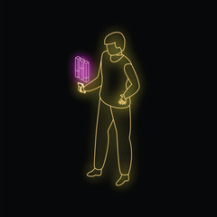 Poster - Neon isometric illustration of a businessman using augmented reality app showing growing bar chart on smartphone