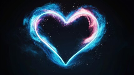 Poster - Brightly Glowing Neon Heart in Cool Blue Hues with Contrasting Pink Fluids on a Dark Background