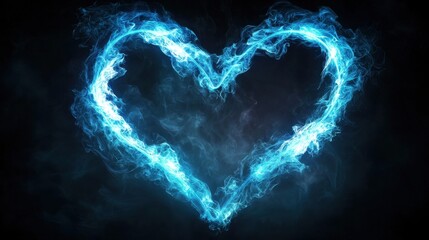 Poster - Brightly Glowing Neon Heart in Cool Blue Hues on a Contrast Background for Artistic and Creative Themes
