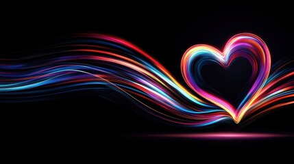 Poster - Vibrant Neon Heart Light with Shimmering Multicolored Waves Against Black Background