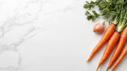 Wall Mural - Fresh carrots and onion on marble surface