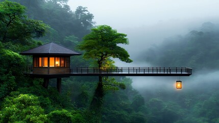 Wall Mural - Elevated wooden house bedroom rainforest misty dusk warm glowing light lantern soft inviting bedding green foliage vibrant rainforest tranquil rain sound peaceful warmth Ultra-Realistic Photo 