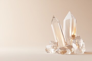 Poster - Transparent crystal shapes are artfully arranged with glossy gold accents, gently floating on a beige to white gradient background, creating a luxurious and modern feel