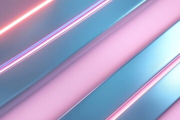 Poster - Sleek metallic panels intersect with glowing blue and pink neon light stripes, creating reflections on a dark gradient surface with ample text space for creative use