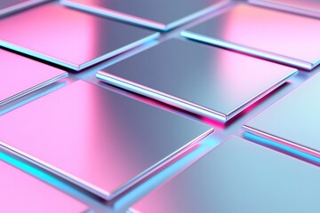 Poster - Sleek metallic panels intersect with glowing neon light stripes in blue and pink, casting vibrant reflections on a dark gradient. This ultra-HD background offers ample space for creative text overlay
