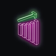 Poster - Neon green arrow pointing up over increasing purple neon bars forming a chart on black background representing positive financial results