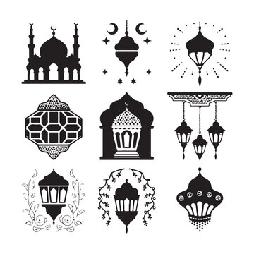 Lantern black and white silhouette illustration Islamic lantern light vector silhouette, Ramadan Islamic lanterns vector illustration Lantern Icon, Black and White, Traditional Lighting Design Islamic