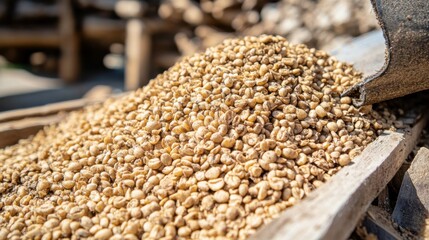 Close-up of harvested coffee beans piled on wooden surface under bright sunlight outdoors