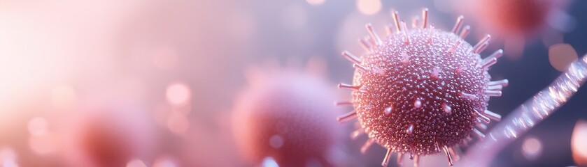 Spherical virus particles display intricate detail with protruding spikes, softly glowing in red and purple. The background features a neutral gradient, creating a striking visual contrast