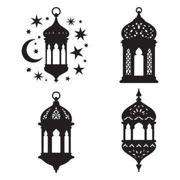 Lantern black and white silhouette illustration Islamic lantern light vector silhouette, Ramadan Islamic lanterns vector illustration Lantern Icon, Black and White, Traditional Lighting Design Islamic