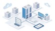 © Spot Decor - Isometric Illustration Cloud-Based Data Center Network, Servers, Devices, Data, Cloud Computing, Network Infrastructure Cloud Computing, Data Center