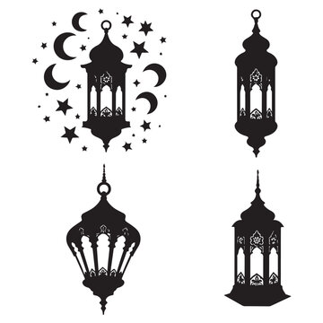 Lantern black and white silhouette illustration Islamic lantern light vector silhouette, Ramadan Islamic lanterns vector illustration Lantern Icon, Black and White, Traditional Lighting Design Islamic
