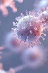 Poster - Spherical virus particles exhibit intricate spikes and soft glowing hues of red and purple, beautifully detailed against a neutral backdrop, perfect for scientific exploration and education