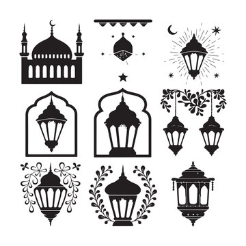 Lantern black and white silhouette illustration Islamic lantern light vector silhouette, Ramadan Islamic lanterns vector illustration Lantern Icon, Black and White, Traditional Lighting Design Islamic