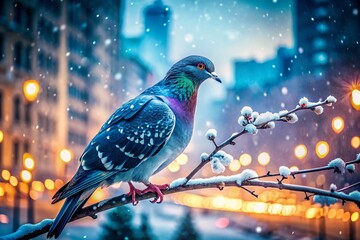 Winter Pigeon Long Exposure Photography: Frozen Feathers in Snowy Cityscape