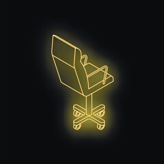 Poster - Neon yellow office chair glowing on black background, representing modern workplace and efficient work environment