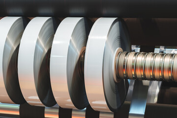 Poster - Fragment of the conveyor of sticking labeling machine. Abstract industrial background.