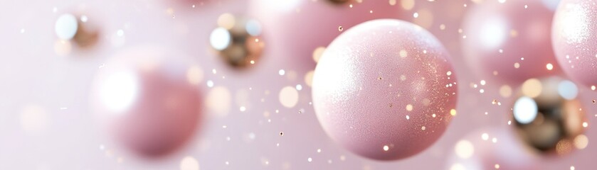 Poster - Glossy pink and metallic gold spheres float gracefully amidst soft glowing particles, creating a modern and luxurious atmosphere against a pastel gradient background, perfect for text overlay