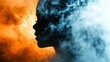 © MAGNIFIER - Scary child face in industrial smoke close up focus on copy space haunting vivid hues double exposure silhouette with pollution theme..