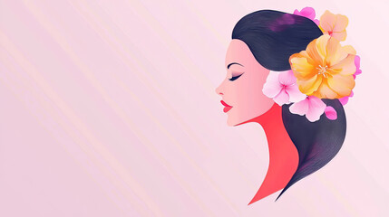 Wall Mural - Women's Day highlights unity through advocacy promoting equality and empowerment. Elegant woman profile with floral decoration in soft colors