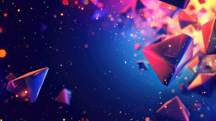 Poster - Abstract artwork of glowing light of geometric shapes floating and scattering at dark space background. Digital artwork of 3D rendering artwork of glowing shape. Creative construction design. AIG53.
