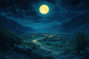 Wall Mural - a panoramic view of a mountain landscape illuminated by the moon during ramadan