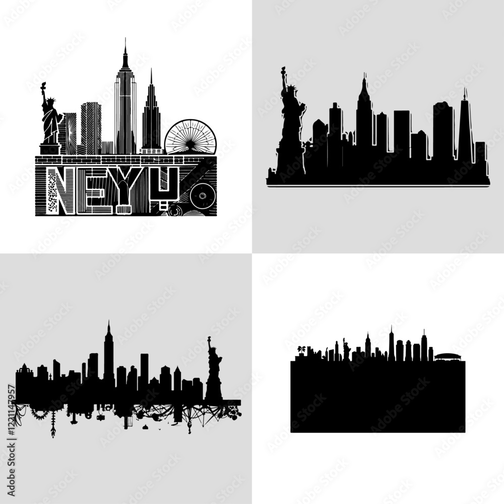 New York City skyline in silhouette. The skyline is black, with a white ...