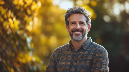 Wall Mural - smiling middle-aged man in plaid shirt outdoors with autumn leaves background