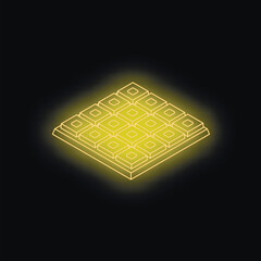 Poster - Isometric view of glowing neon yellow chocolate bar on black background