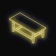 Poster - Neon yellow bench or table glowing on black background, representing concepts of furniture, interior design, and light