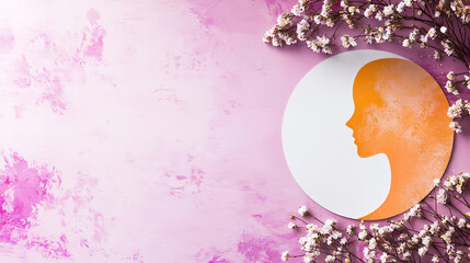 Wall Mural - Women's Day highlights unity through advocacy promoting equality and empowerment. Elegant Silhouette on Pink Background with Delicate Flowers