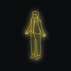 Poster - Neon yellow glowing silhouette of a man standing with open arms on black background, futuristic concept