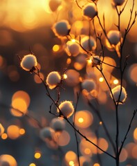 Canvas Print - Cotton plant blooms at sunset with warm golden light