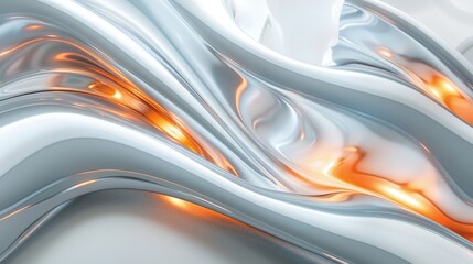Poster - Abstract liquid metal and orange fluid shapes with reflective surfaces. Background image of digital 3D rendering of abstract pattern made from metallic material. Digital art for futuristic art. AIG51.
